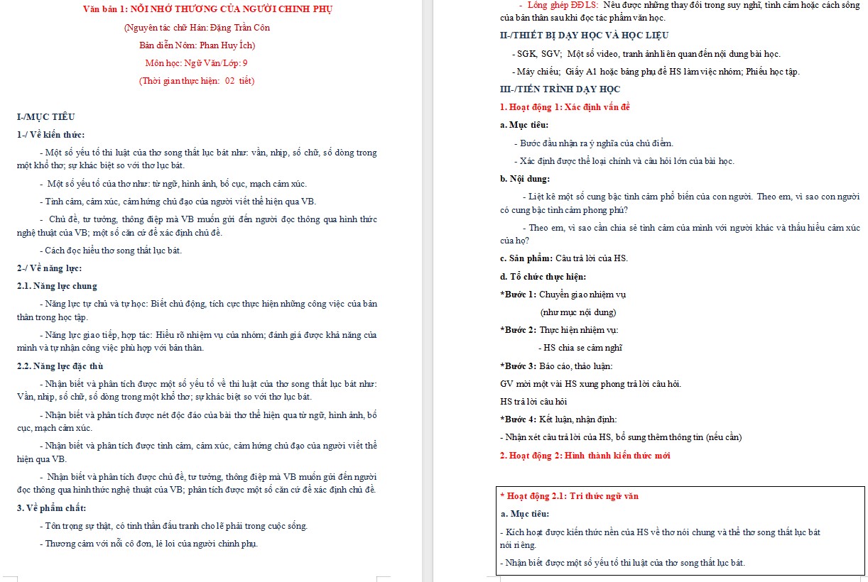 Giáo án Bài Nỗi nhớ thương của người chinh phụ Ngữ văn 9 CTST