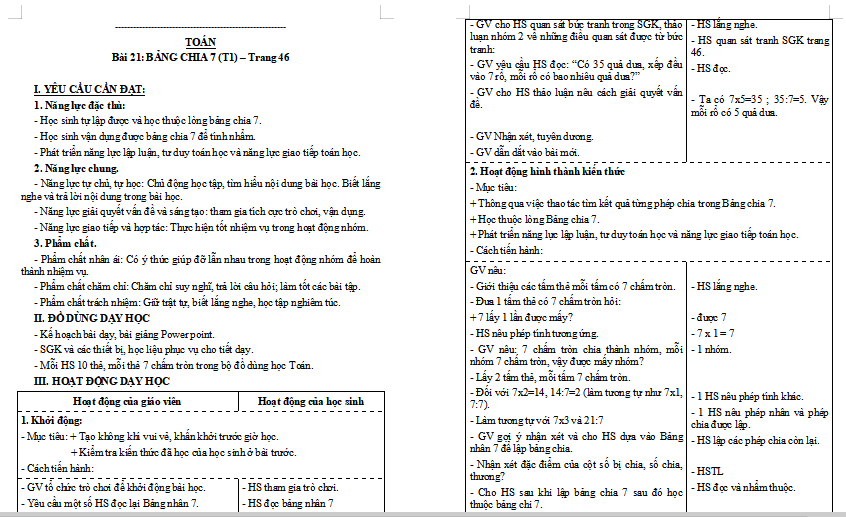 Giáo án Toán lớp 3: Bảng chia 7