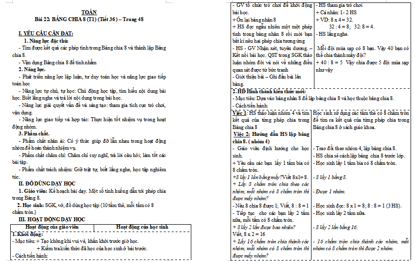 Giáo án Toán lớp 3: Bảng chia 8
