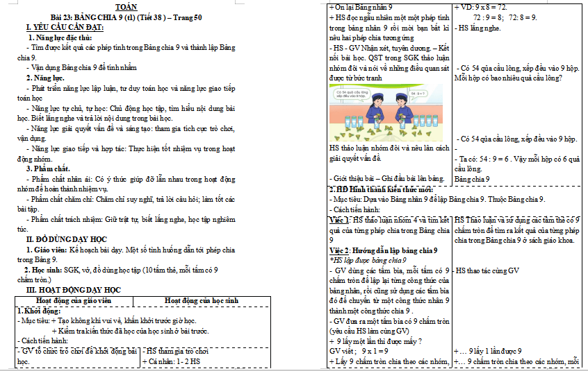 Giáo án Toán lớp 3: Bảng chia 9