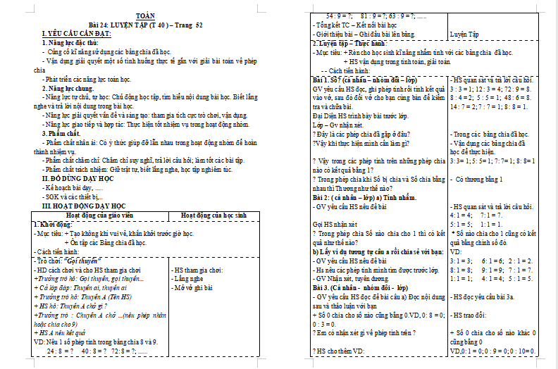 Giáo án Toán lớp 3: Luyện tập trang 52