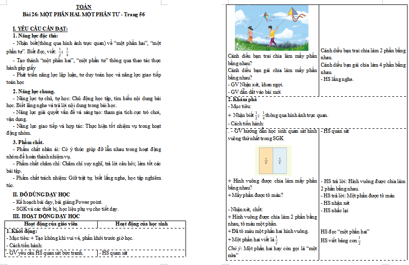 Giáo án Toán lớp 3: Một phần hai. Một phần tư