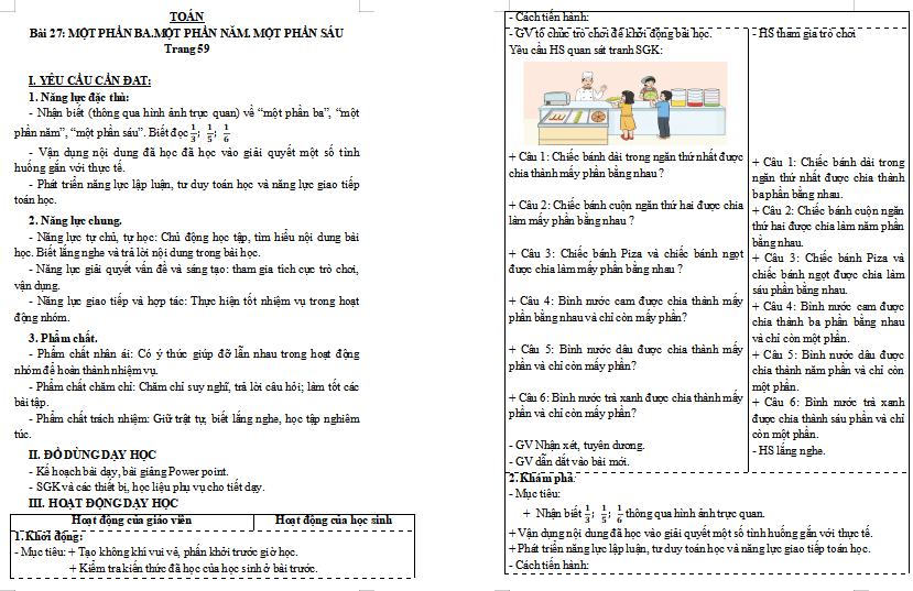Giáo án Toán lớp 3: Một phần ba. Một phần năm. Một phần sáu