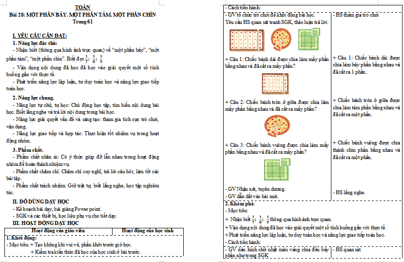 Giáo án Toán lớp 3: Một phần bảy. Một phần tám. Một phần chín
