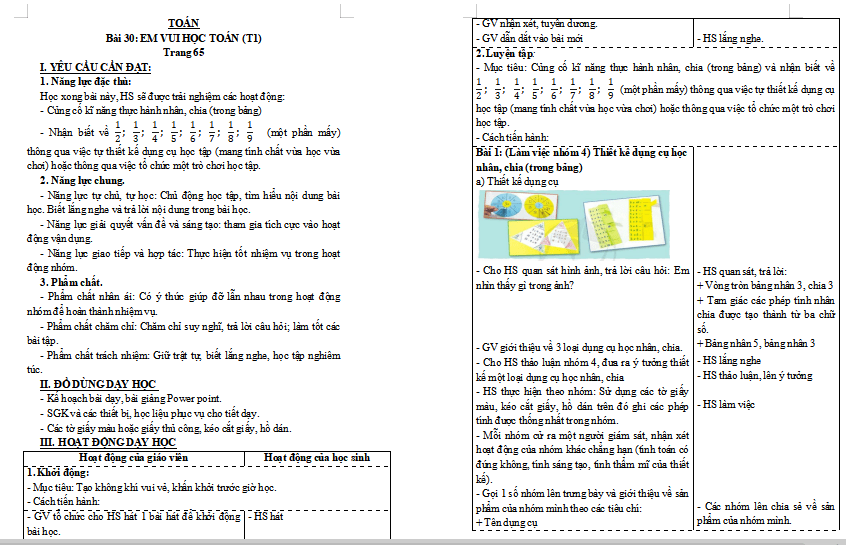 Giáo án Toán lớp 3: Em vui học toán trang 65