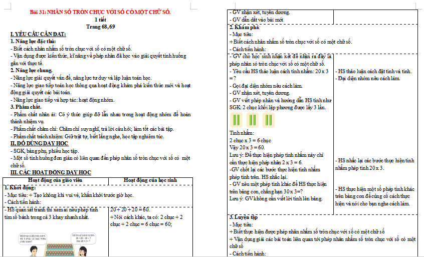 Giáo án Toán lớp 3: Nhân số tròn chục với một chữ số