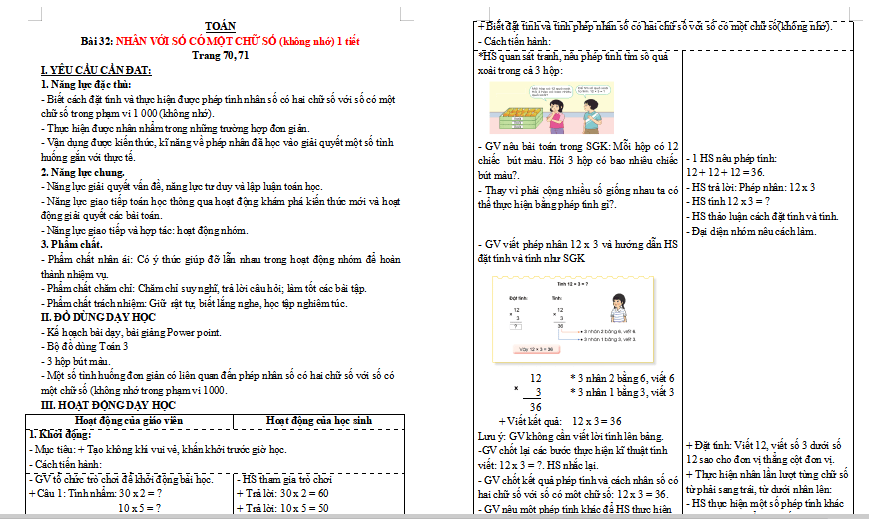 Giáo án Toán lớp 3: Nhân với số có một chữ số (không nhớ)
