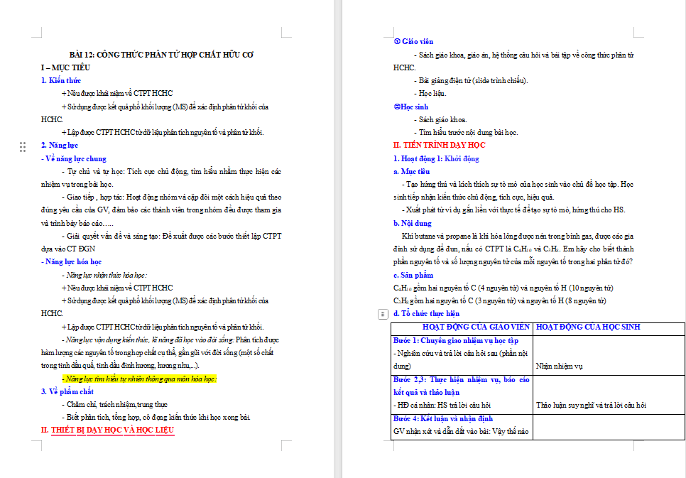Giáo án Hóa học 11 Bài 12: Công thức phân tử hợp chất hữu cơ
