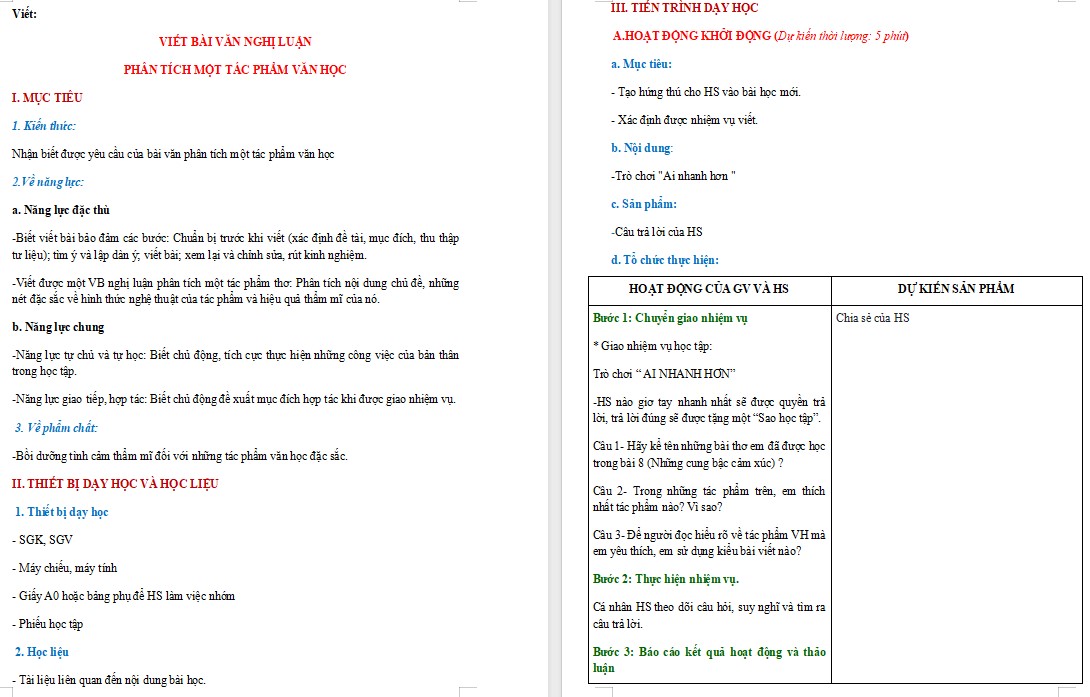 Giáo án Bài Viết bài văn nghị luận phân tích một tác phẩm văn học Ngữ văn 9 CTST
