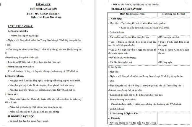 Giáo án Tiếng Việt 3 Nghe - viết Trong đêm bé ngủ