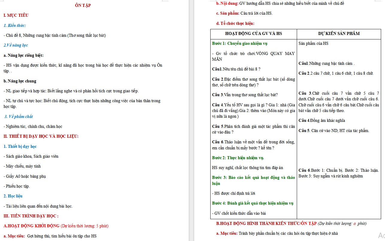 Giáo án Ôn tập Bài 8 Ngữ văn 9 CTST