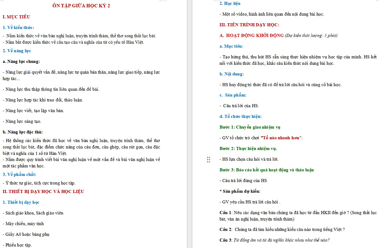 Giáo án Bài Ôn tập giữa kì 2 Ngữ văn 9 CTST