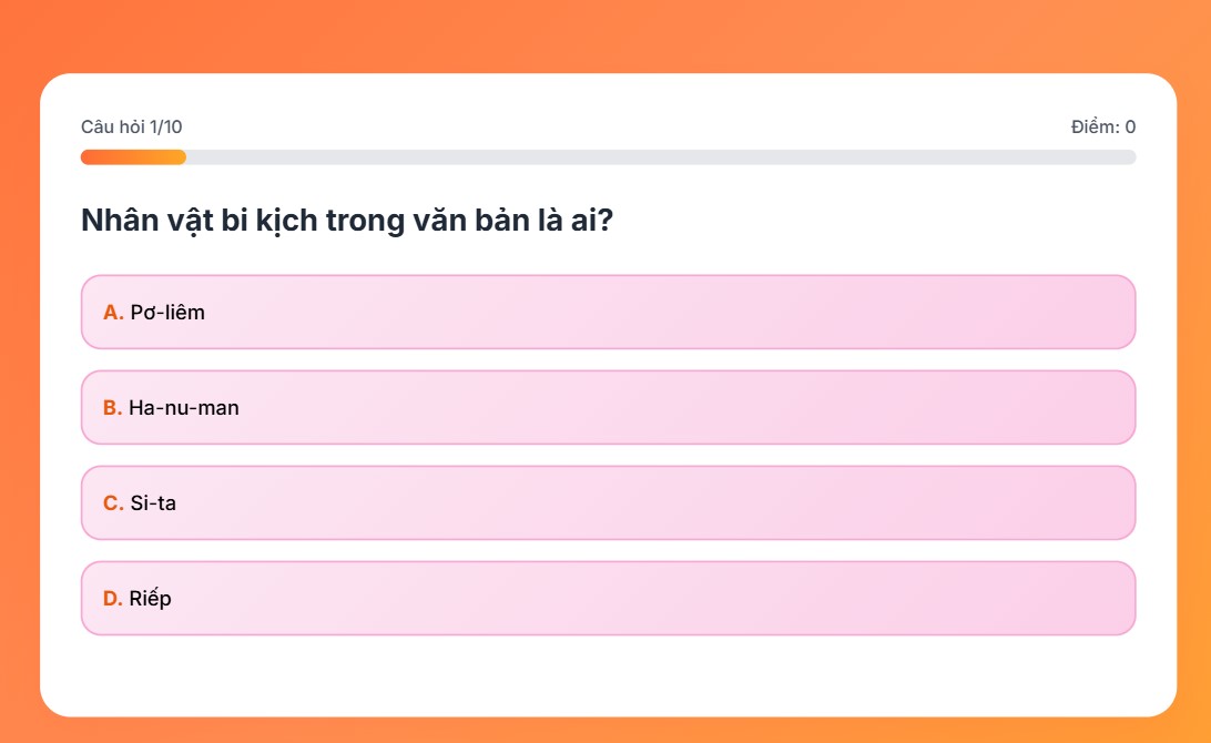 Trò chơi tương tác Ngữ văn 9 Pơ-liêm, quỷ Riếp và Ha-nu-man