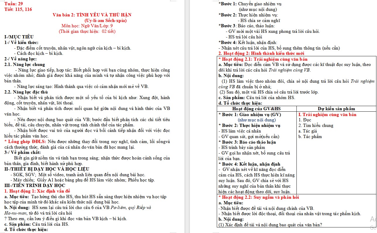 Giáo án Bài Tình yêu và thù hận Ngữ văn 9 CTST