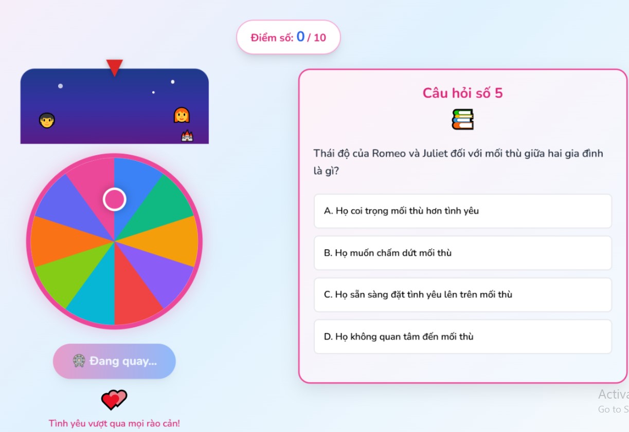 Trò chơi tương tác Ngữ văn 9 Tình yêu và thù hận