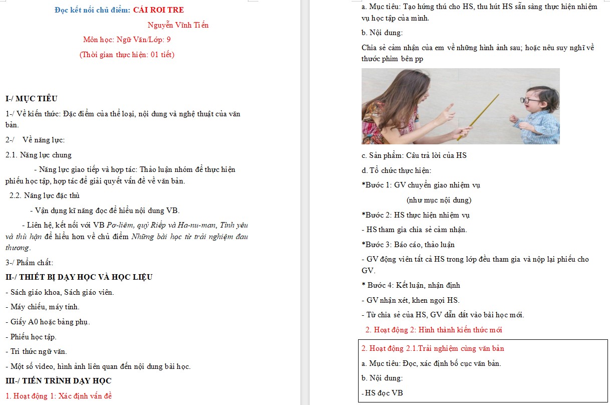 Giáo án Bài Cái roi tre Ngữ văn 9 CTST