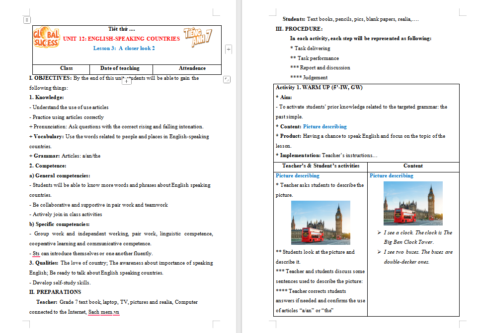Giáo án Tiếng Anh 7 Unit 12: A Closer Look 2
