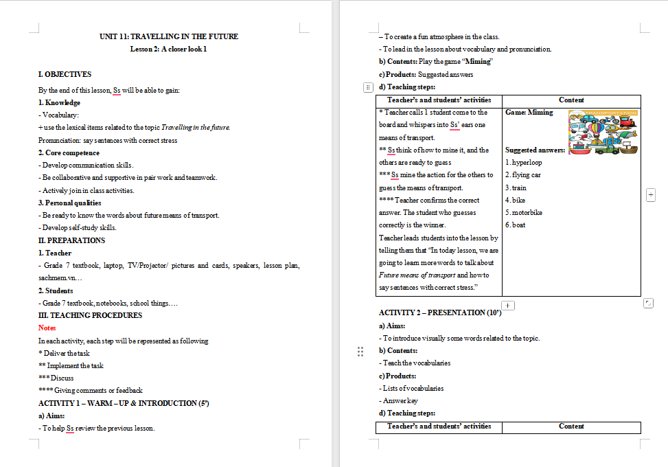 Giáo án Tiếng Anh 7 Unit 11: A Closer Look 1