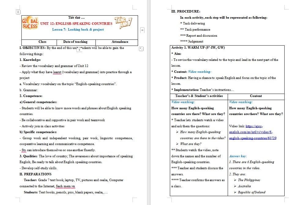 Giáo án Tiếng Anh 7 Unit 12: Looking Back