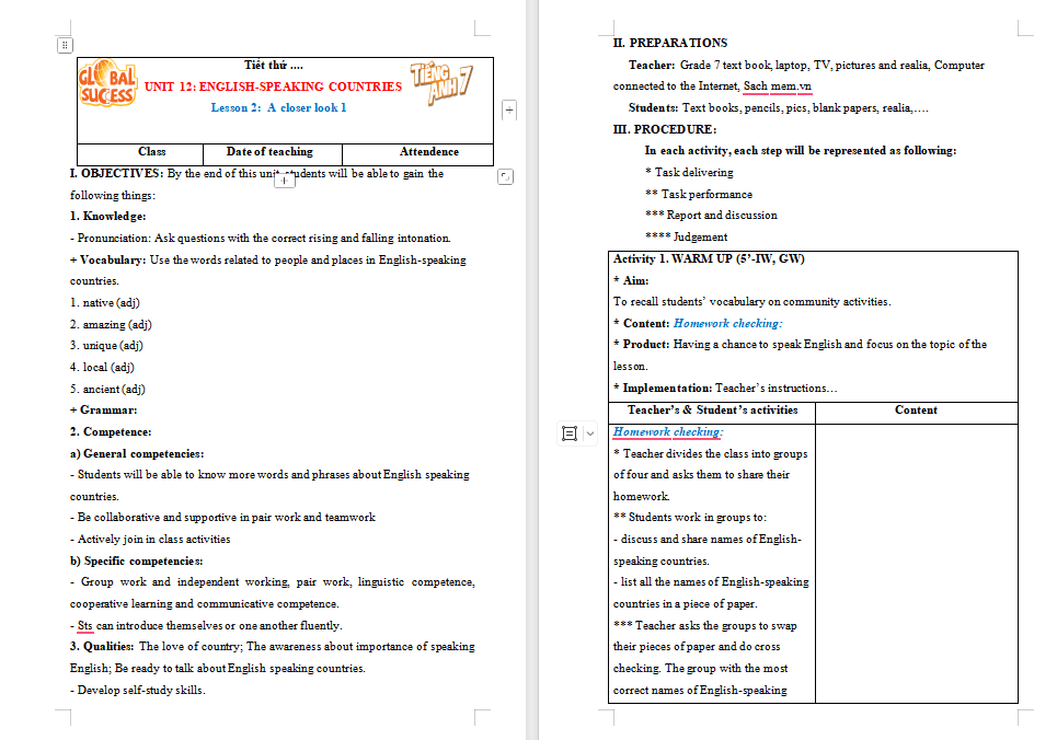 Giáo án Tiếng Anh 7 Unit 12: A Closer Look 1
