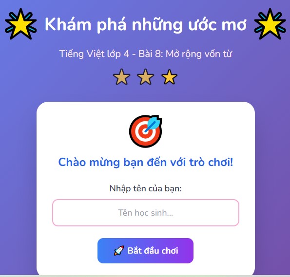 Trò chơi tương tác bài Luyện từ và câu Mở rộng vốn từ Ước mơ