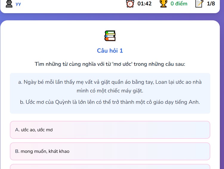 Trò chơi tương tác bài Luyện từ và câu Mở rộng vốn từ Ước mơ