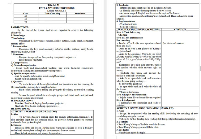 Giáo án Tiếng Anh 6 Unit 4: Skills 1