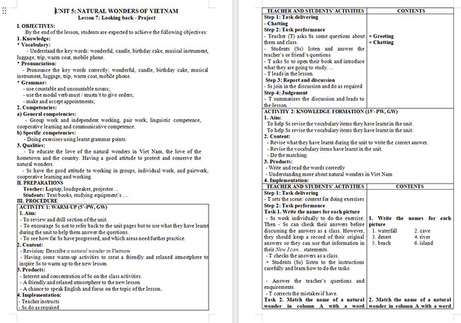 Giáo án Tiếng Anh 6 Unit 5: Looking Back