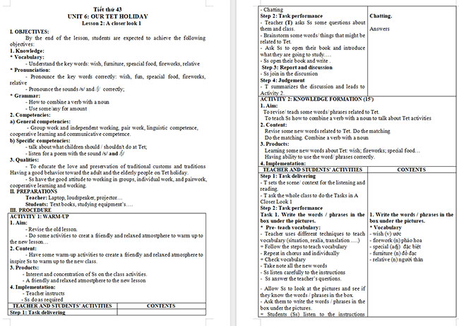 Giáo án Tiếng Anh 6 Unit 6: A Closer Look 1