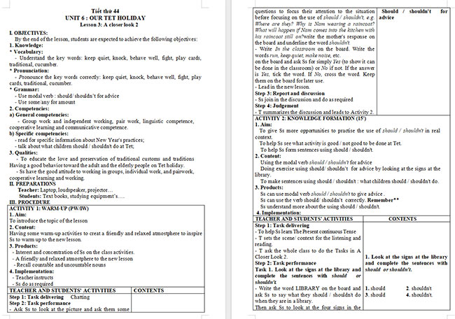 Giáo án Tiếng Anh 6 Unit 6: A Closer Look 2