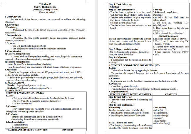 Giáo án Tiếng Anh 6 Unit 7: Getting Started