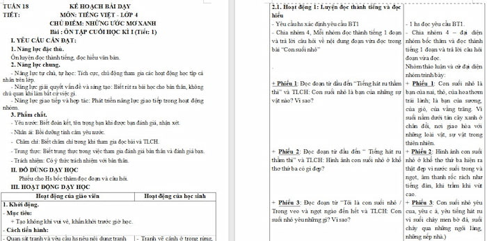 Giáo án Tiếng Việt 4: Ôn tập cuối học kì 1