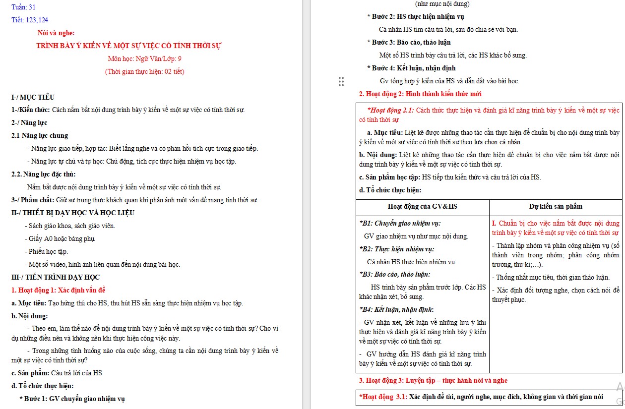 Giáo án Bài Trình bày ý kiến về một sự việc có tính thời sự Ngữ văn 9 CTST