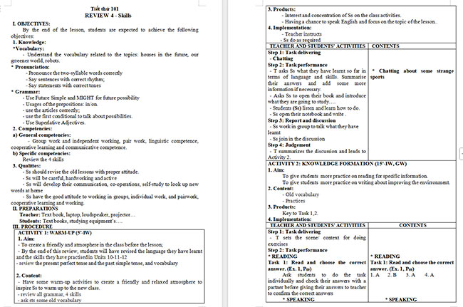 Giáo án Tiếng Anh 6 Review 4: Skills