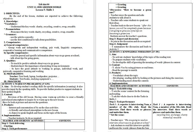 Giáo án Tiếng Anh 6 Unit 11: Skills 1 (PPT + Word)