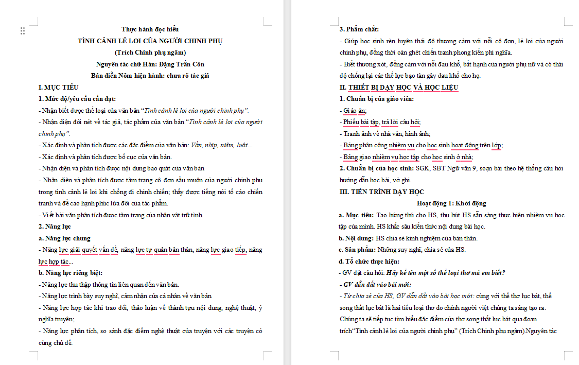 Giáo án Ngữ văn 9 Bài 1: Tình cảnh lẻ loi của người chinh phụ