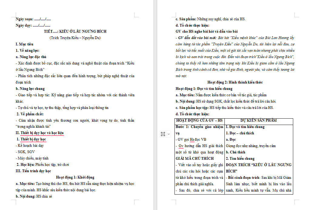 Giáo án Ngữ văn 9 Bài 2: Kiều ở lầu Ngưng Bích