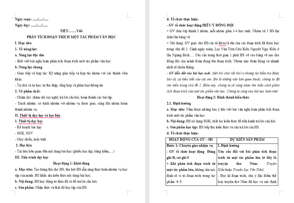 Giáo án Ngữ văn 9 Bài 2: Phân tích một đoạn trích tác phẩm văn học