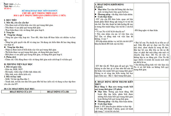 Giáo án Đạo đức 2 Bài 1: Quý trọng thời gian