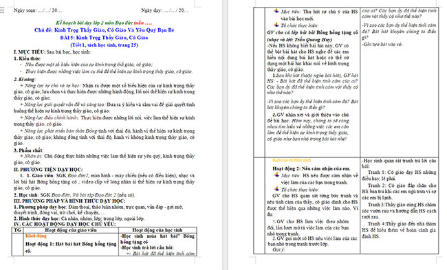 Giáo án Đạo đức 2 Bài 5: Kính trọng thầy giáo, cô giáo