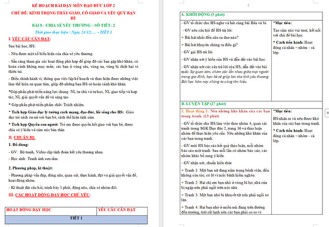 Giáo án Đạo đức 2 Bài 8: Chia sẻ yêu thương