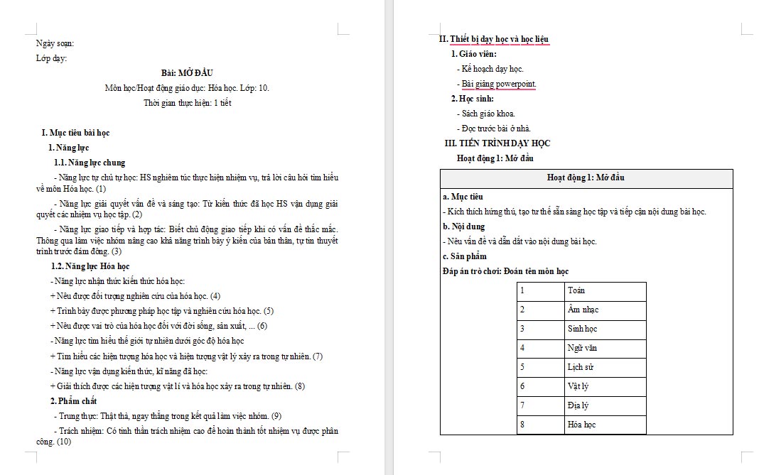 Giáo án Hóa học 10 Mở đầu