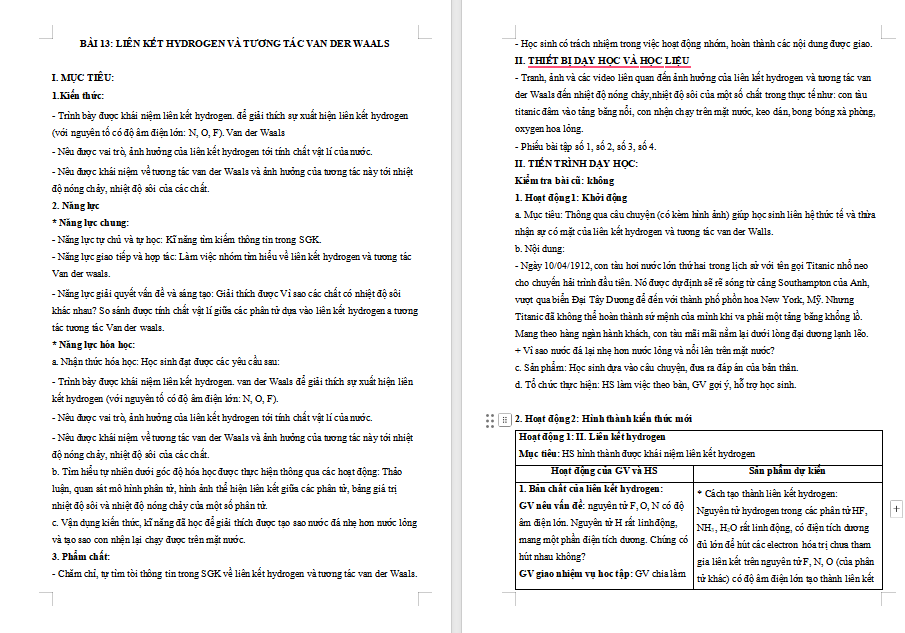 Liên kết hydrogen và tương tác van der Waals