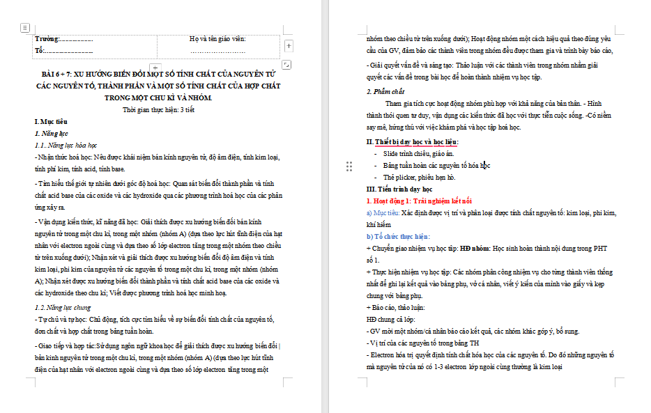  Xu hướng biến đổi một số tính chất của nguyên tử các nguyên tố trong một nhóm