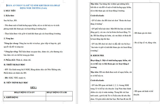 Giáo án Tự nhiên và xã hội 2 Bài 8: An toàn và giữ vệ sinh khi tham gia các hoạt động ở trường