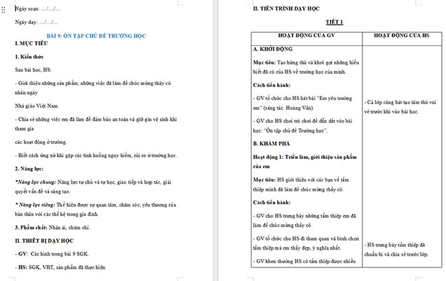 Giáo án Tự nhiên và xã hội 2 Bài 9: Ôn tập chủ đề Trường học