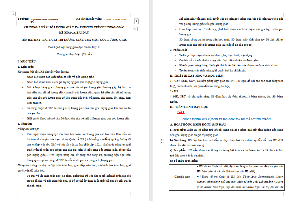 Giáo án Toán 11 Bài 1 Kết nối tri thức
