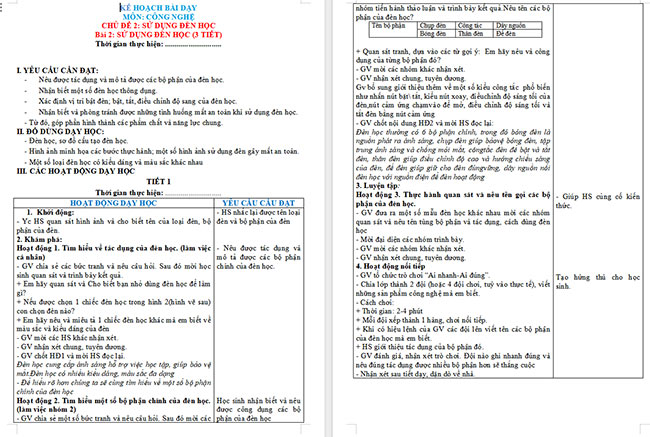 Giáo án Công nghệ 3 Sử dụng đèn học