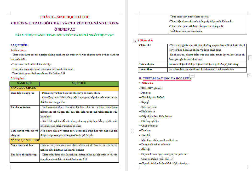 Thực hành Trao đổi nước và khoáng ở thực vật
