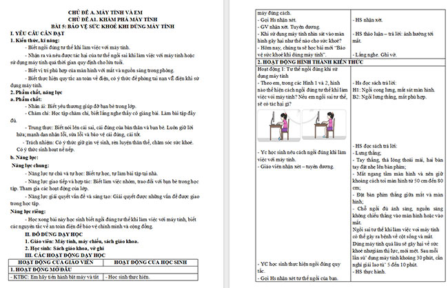 Giáo án Tin học 3 Bảo vệ sức khỏe khi dùng máy tính